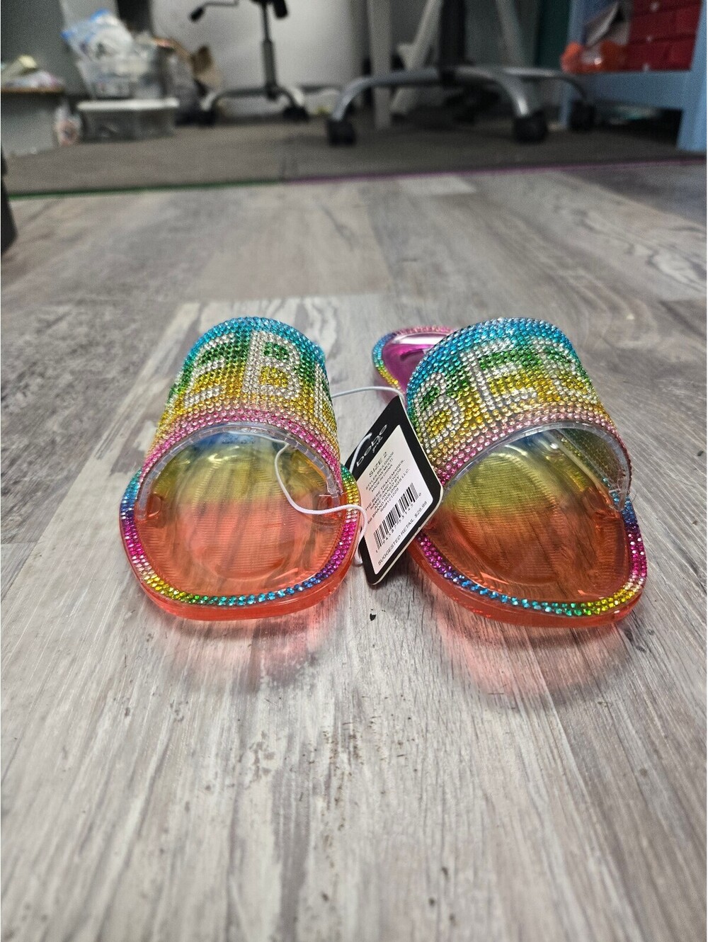 bebe Pink Rainbow Rhinestone Slide Sandals Size 5